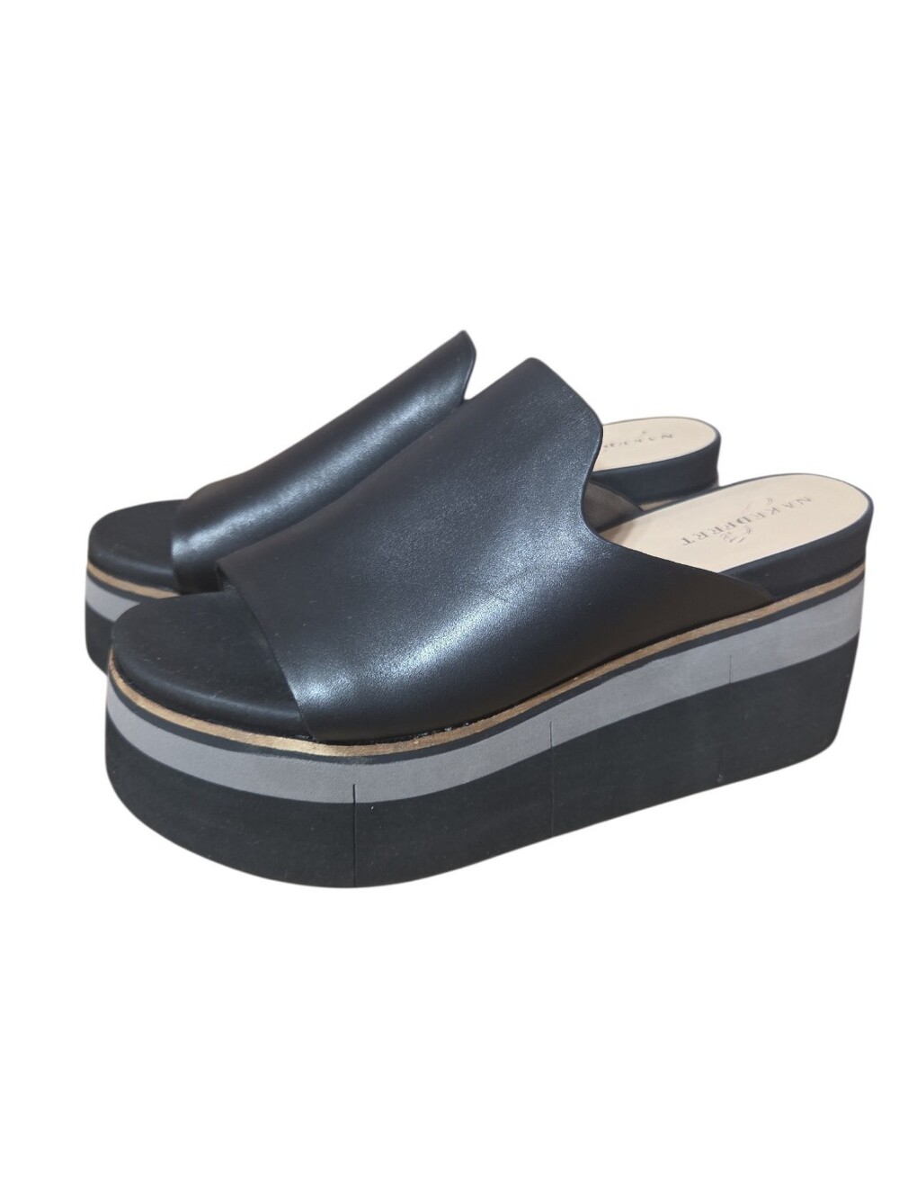Naked Feet Shoes featuring a multi-tone gray and black stacked wedge Womens 9